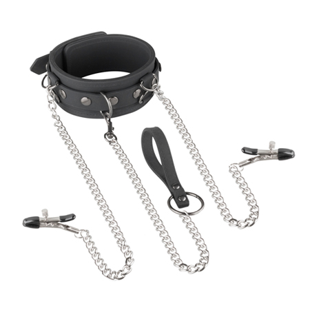 Kunstleren Halsband Met Ketting En Tepelklemmen