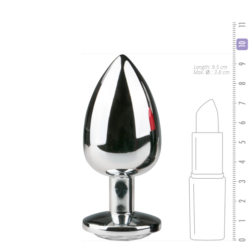 Zilverkleurige metalen buttplug met transparant kristal